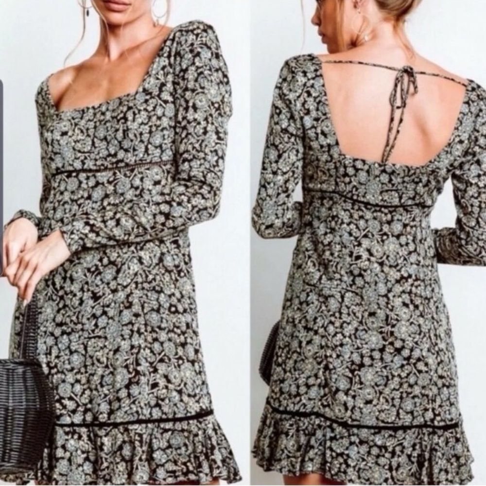 Free People Boheme Black Floral Mini Dress Size 8 Square Neck Tie Back Bohemian